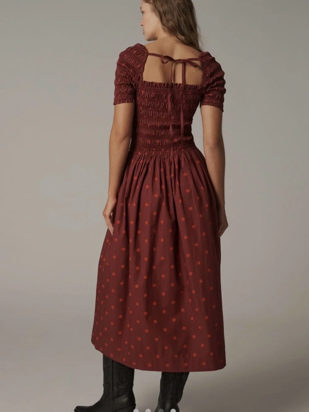 Damson Madders Smocked Square-Neck Burgundy Polka-Dot Dress - Picture 2 of 6
